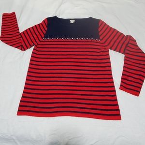 J Crew Large Navy and Red Breton stripe fine Guage knit sweater with silver gems